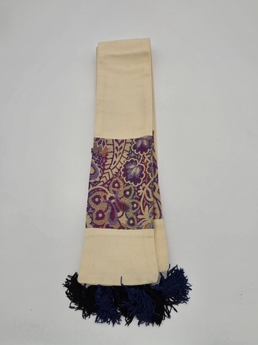Cream and Purple Woven Scarf with Tassels