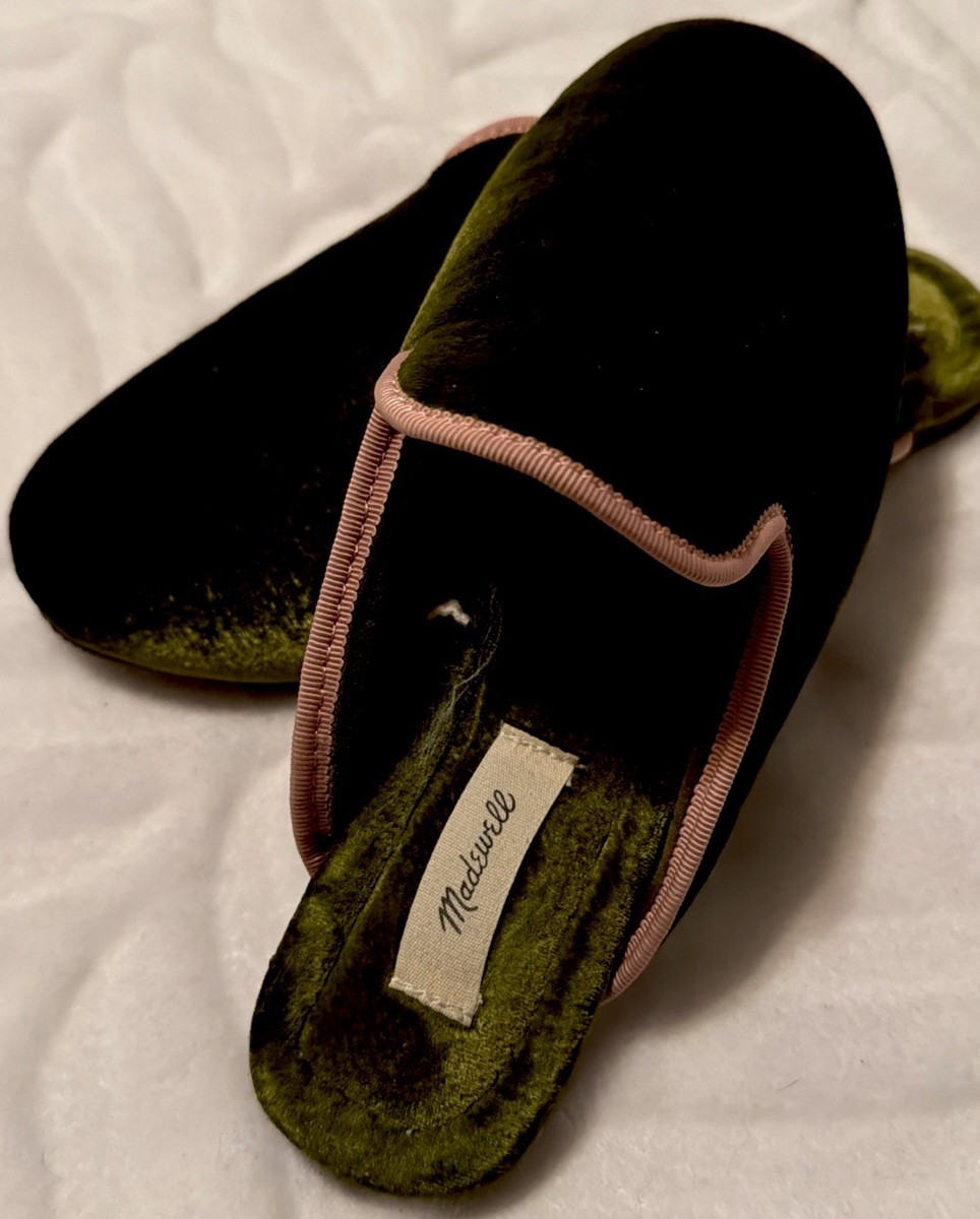 Madewell Ezra Velvet Slippers Desert Olive Green Pink Trim Mules