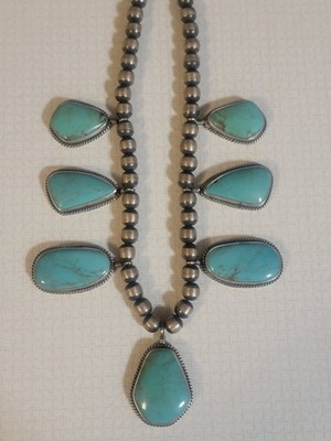 Native American Sterling Silver Turquoise 7 Pendant Necklace .