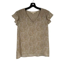 GRADE & GATHER Gray/Brown CHIFFON Smocked Trim RUFFLE SLEEVES Blouse/Top Sz L