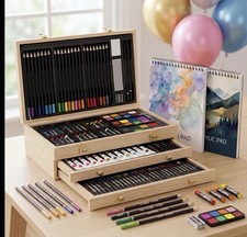 168 Piece Art Set Wooden Drawing Case Acrylic Paint Oil Pastels Sketch Pad Gift