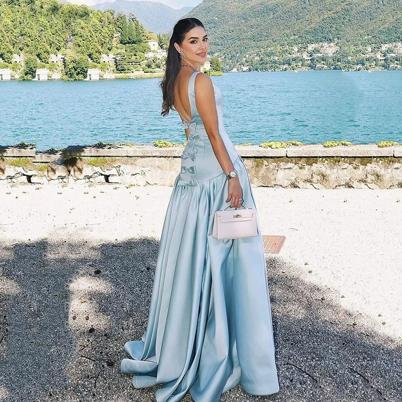 Elegant Blue Satin Party Dresses Spaghetti Strap Bow Backless Evening Prom Gowns