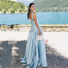 Elegant Blue Satin Party Dresses Spaghetti Strap Bow Backless Evening Prom Gowns