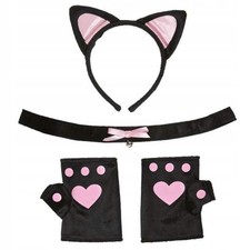 Katzen Ohren Stirnband, Halskette, Handschuhe Karneval Kostüm Accessoire