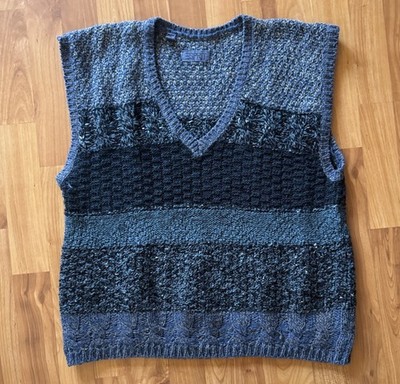 Vintage 90s Esprit Stripe Vest Sweater Womens L Blue Knit Pullover Wool Mohair