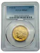 1910-D $10 Indian Head Gold Eagle, PCGS MS62, Nice OG Gold US Coin.
