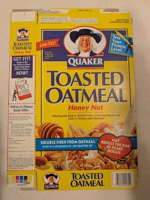 Quaker Toasted Oatmeal Honey Nut Empty Cereal Box Flat - VINTAGE!