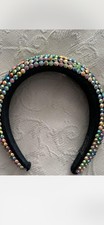 Multicolor Rainbow Beaded Black Fabric Padded Headband Women