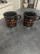 2 Fiesta Black Halloween Cat Coffee Mugs Orange Face Ceramic Made In USA