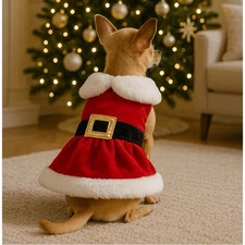 Small Dog Santa Dress Costume Red Fur Trim Pet Holiday Outfit Christmas XS-S