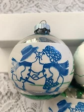 Vintage Shiny Brite Stenciled Kissing Snowmen Blue Green HTF
