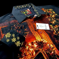 Robert Graham Embroidered Christmas Fireplace Cocktails Geometric Shirt LRG $299