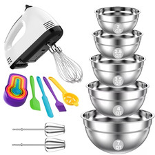 TINANA 7-Speed Electric Hand Mixer, 5 PCS Mixing Bowls Set, Metal Nesting Storag