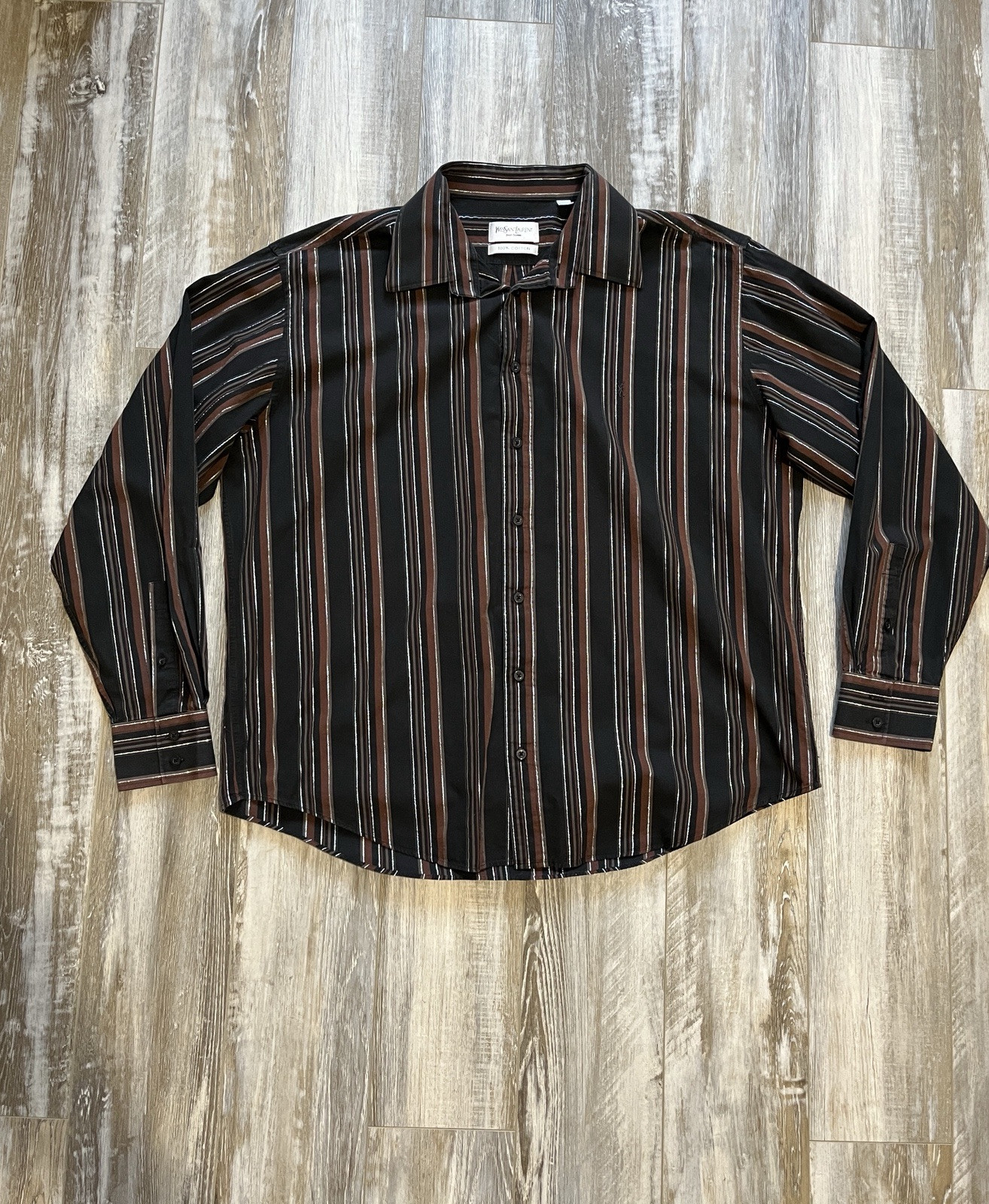 Camicia Vintage Yves Saint Laurent YSL Logo Brillante a Righe Taglia XL Nero Lavato