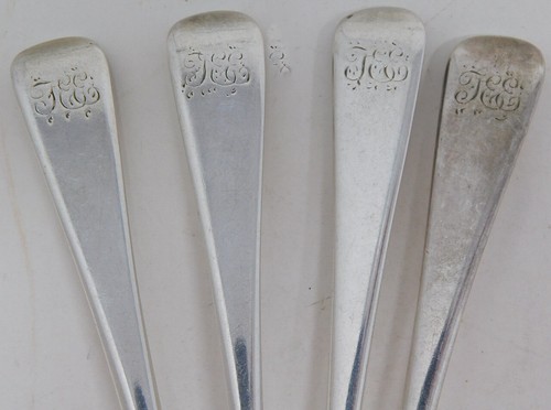 4 Matching Georgian Spoons Sterling Silver "FEE" Mono 1802 Solomon Hougham (?) - Picture 2 of 21