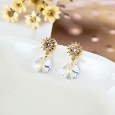 New 925 Sterling Silver 8MM Genuine Elements Crystal Drop Dangle Stud Earrings