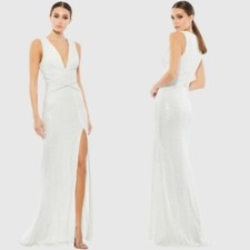 NWT Mac Duggal  White Sequin V-Neck Wrap Waist Gown
