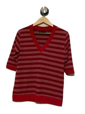 JET John Eshaya Red Striped V-Neck Sweater Knit Top Womens Size P/S Half Sleeve