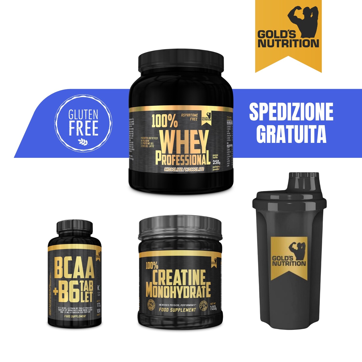 Gold's Nutrition Proteine 100% WHEY 250g + BCAA con B6  + Creatina 100g + Shaker