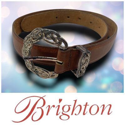 Brighton 1991 Brown Leather Belt with Silver Piece Accents Size Medium 1990s Vintage BRIGHTON Brown Leather Belt Ornate Silver Tone  main image 3