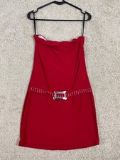Hi-Sense Shift Dress Womens Large Stretch USA Sleeveless Rhinestone Belted Red