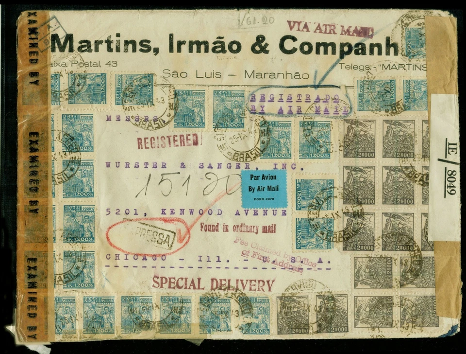 1943 Brasil Reg Air Cubierta Sao Luis a EE. UU. Entrega especial doble censura Segunda Guerra Mundial Foto 2 de 4