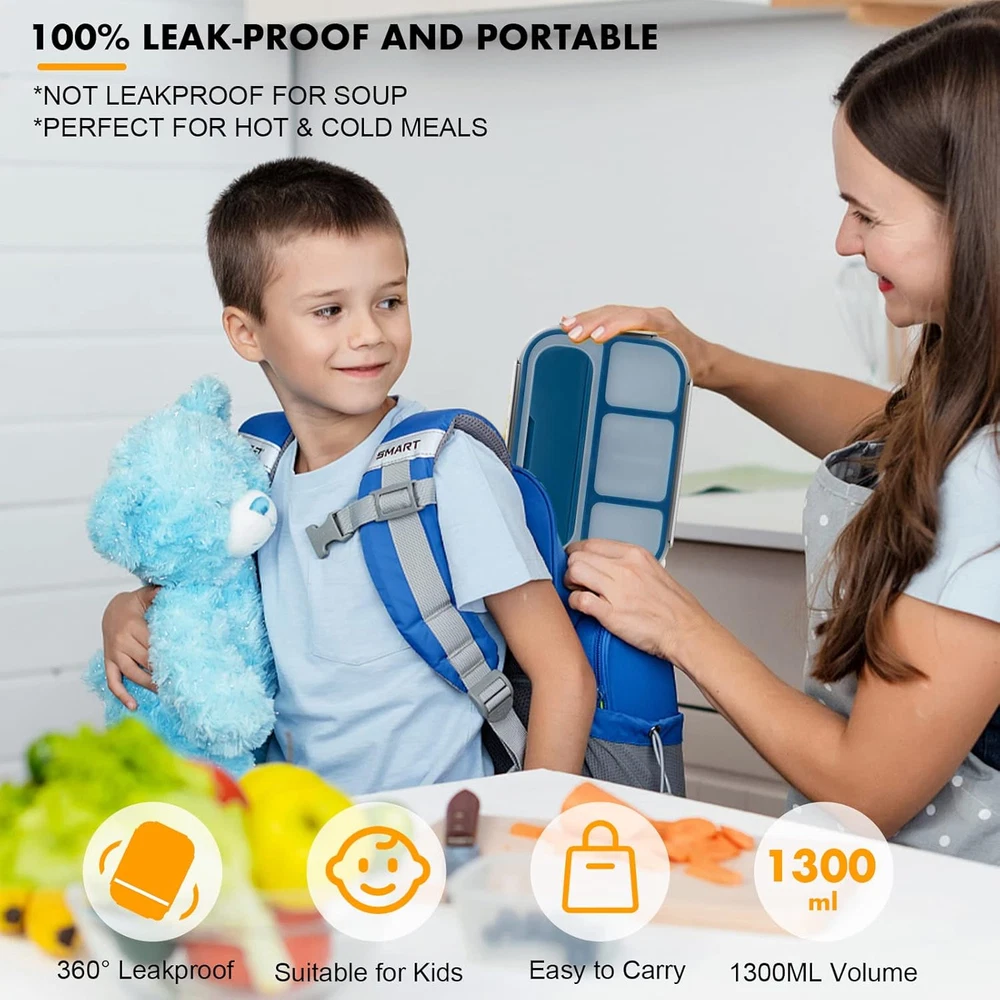 Bento Box, Lunch Box Kids, 1300ML Bento Box Adult Lunch Box with 4 Compartment &
