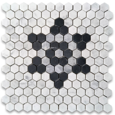 C31F81XH Carrara White Marble 1 inch Hexagon?Hexastar?Mosaic Tile Black Gray