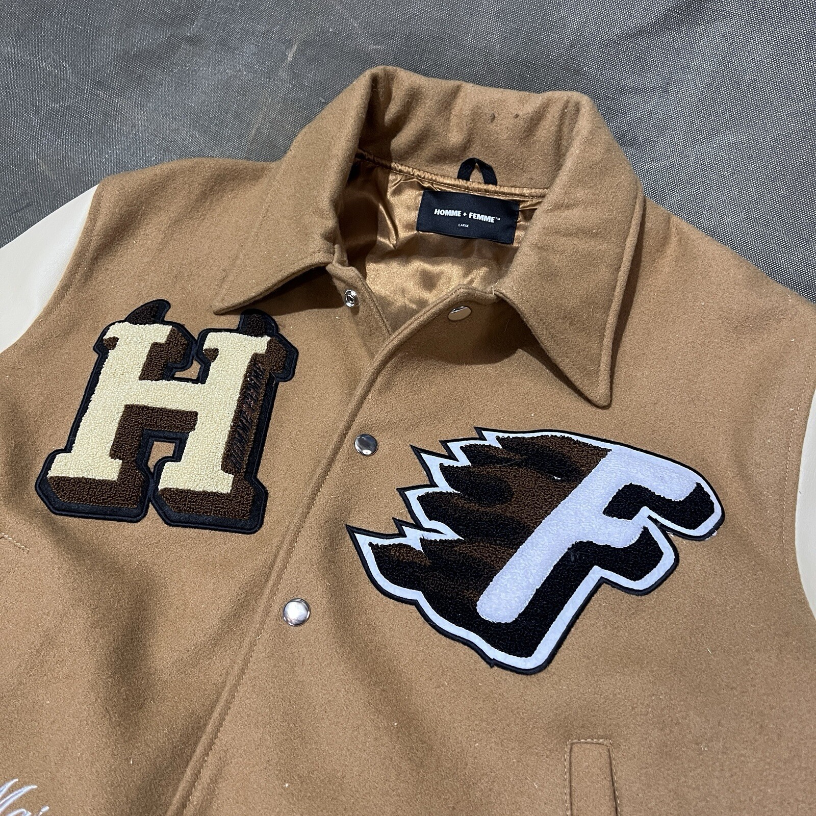 Homme Femme Letterman Varsity World Champs Patched $560 Streetwear Jacket Large