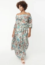 Unique Vintage Mint & Coral Floral Print Sweet Escape Maxi Dress - Size 1X