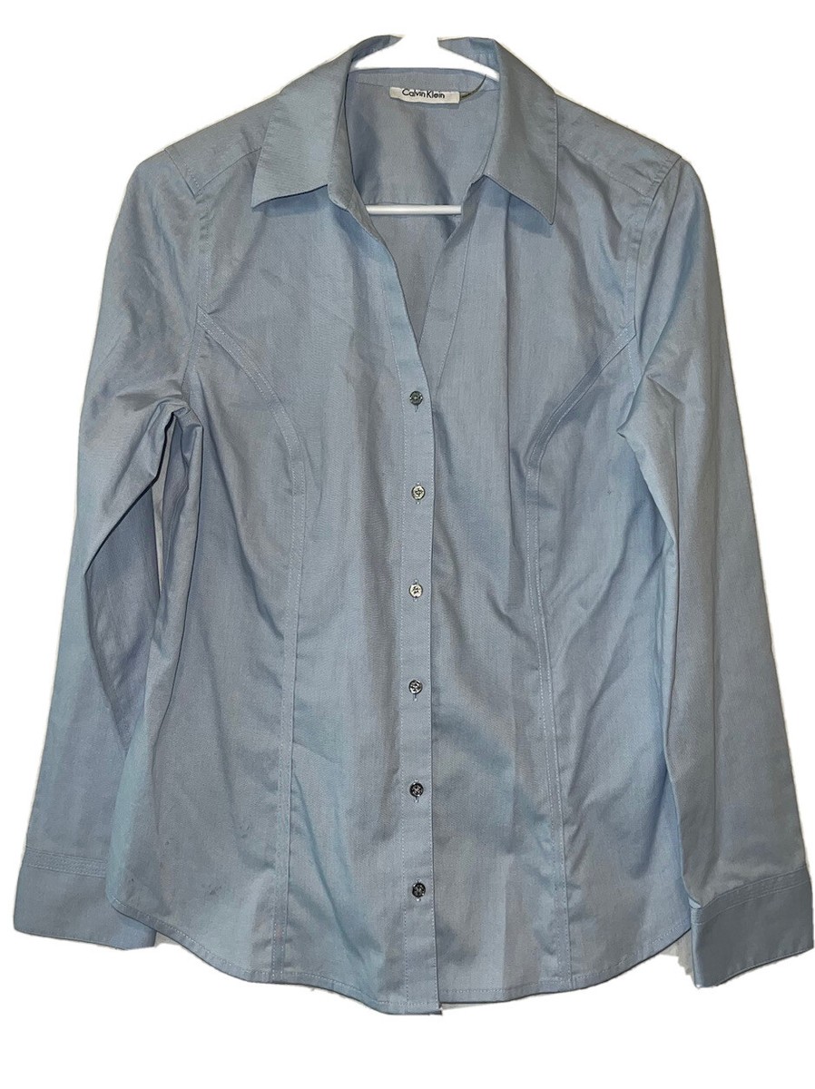 calvin klein light blue dress shirt Women's (S) Tapered Buttoned V-neck collared Denim shirt