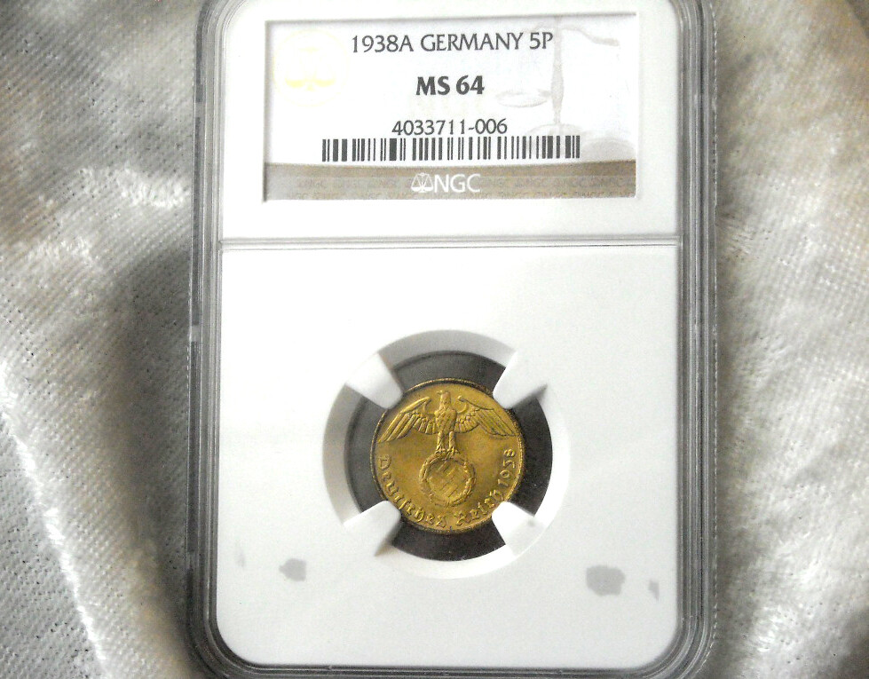 NGC MS-64 NAZI GERMAN SWASTIKA 1938-A 5 ReichsPfennig COIN