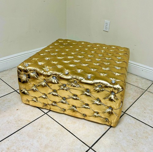 Chesterfield Footstool Gold Leather Tufted fabric Crystal Buttons - Picture 7 of 7