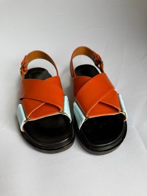 Marni Fussbett Criss-Cross Sandals Honey Brown Light Blue Leather 40 IT US 10