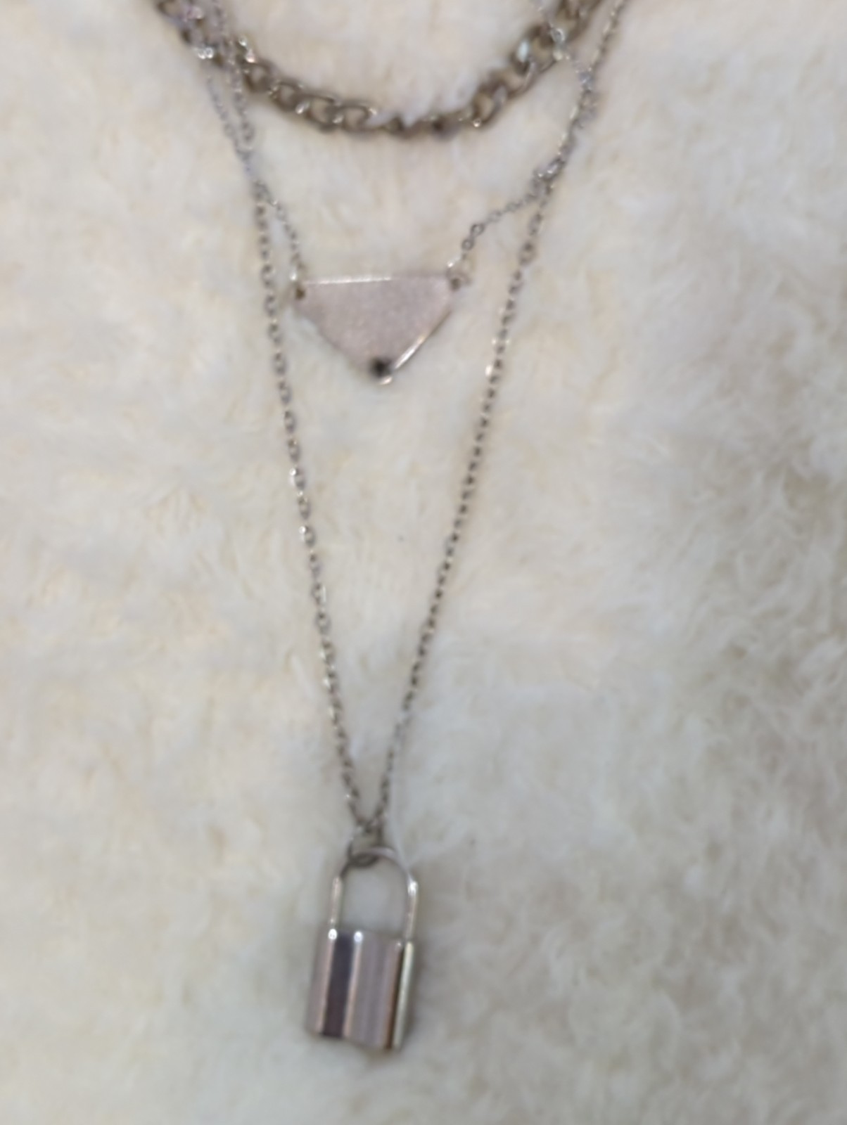 Prada Silver Black Triangle Logo Upcycled Layered Necklace Lock Chain Authentic thumbnail 3