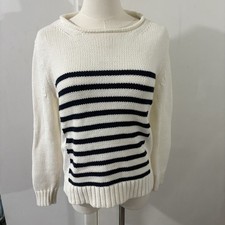 J. Crew Ivory Blue Striped Rollneck Sweater Nautical Chunky Knit Cotton Sz XS
