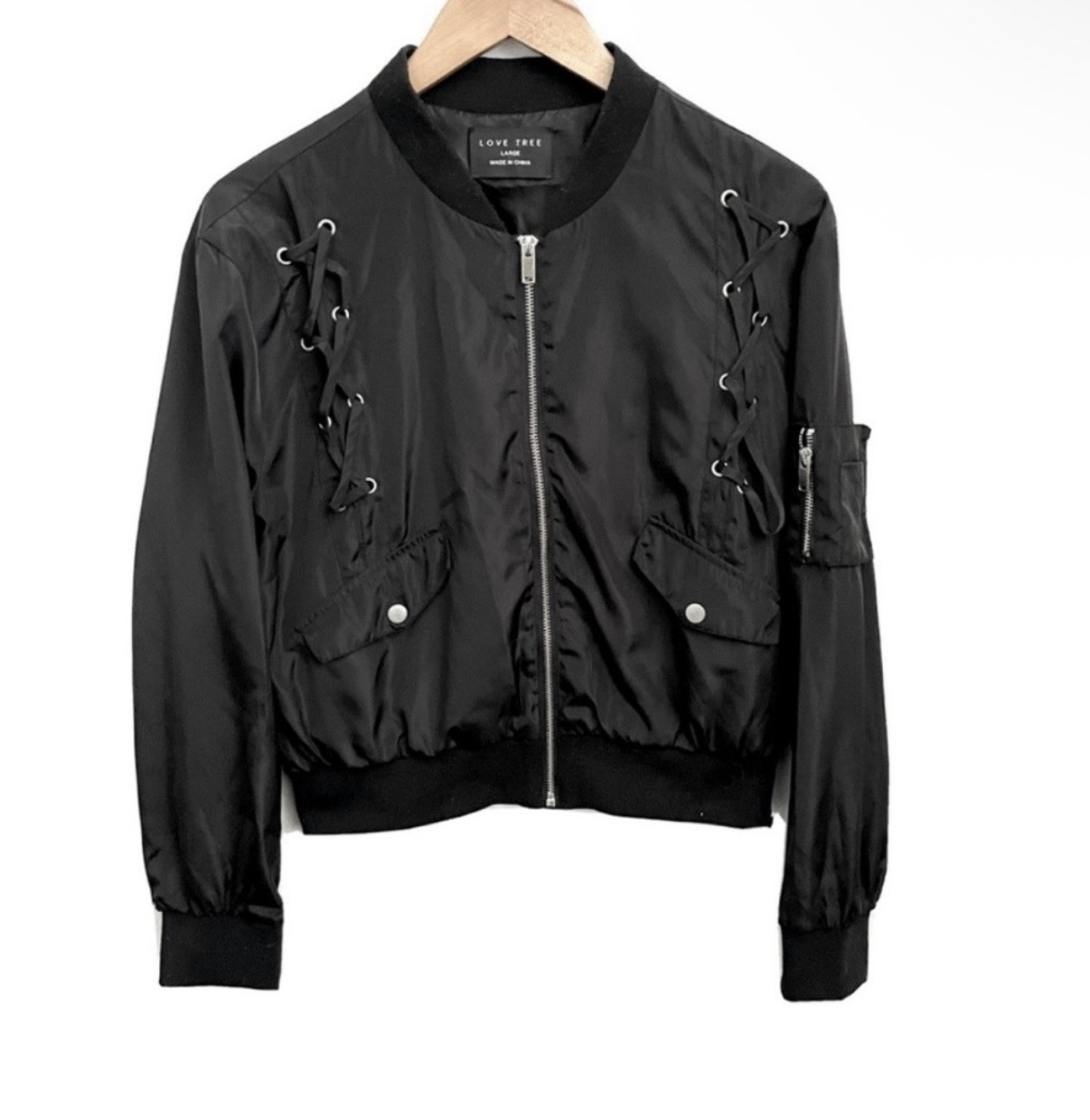 Love Tree Black Lace Up Zip Bomber Jacket NWOT Size L