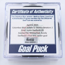 NHL Goal Scored Puck Justin Danforth Columbus Blue Jackets Apr 8, 2025 vs. OTT
