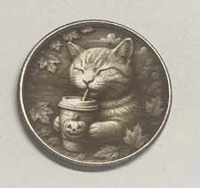 HOBO Nickel Folk Art Love Token Engraved Coin Cat Autumn pumpkin Spice Latte