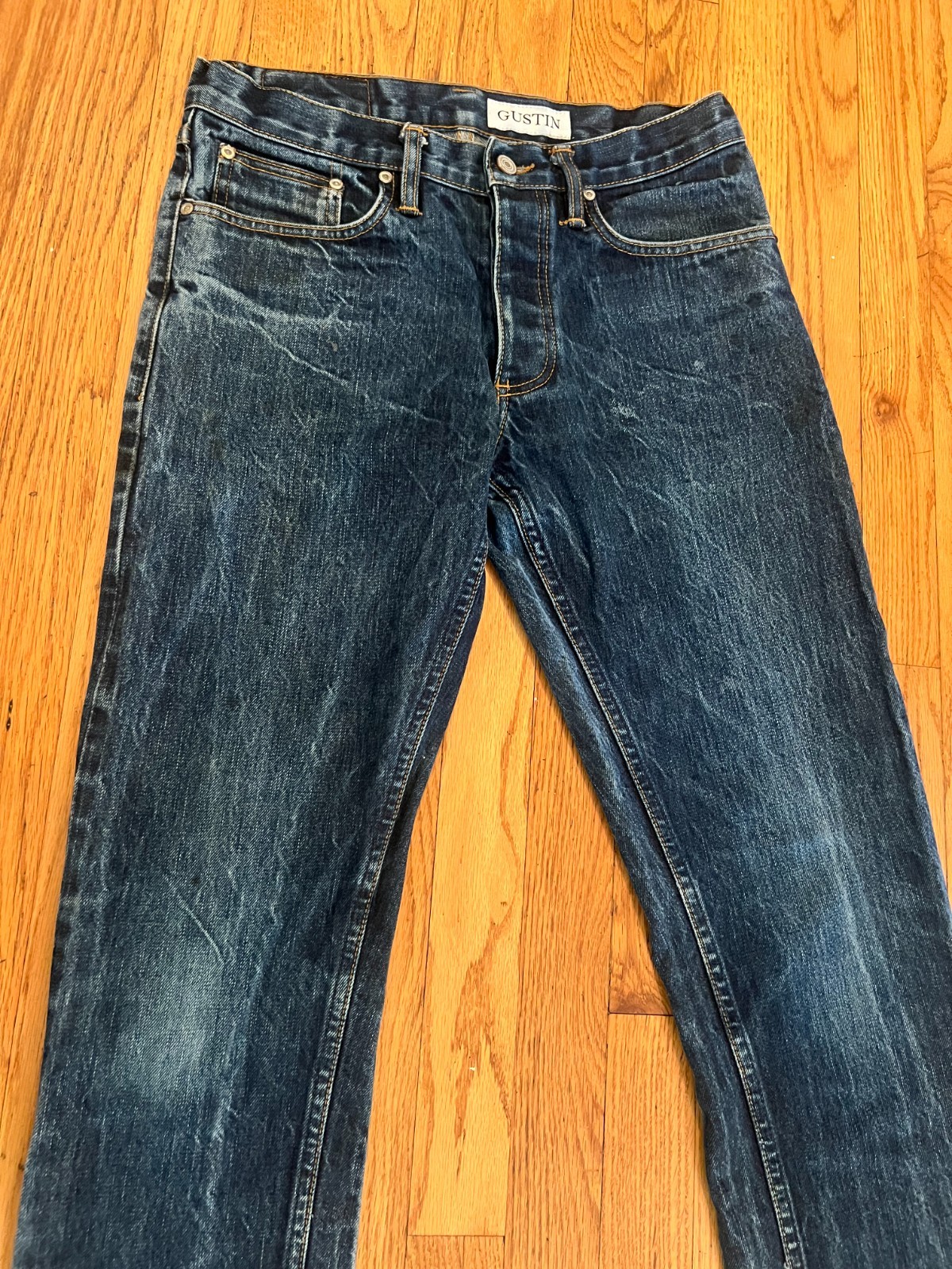 Gustin Selvedge Raw Denim Slim Fit Blue Jeans Mens Size 32 x 32 Made in USA Worn image 4