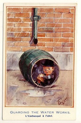 Illustrated postcard GILSON L'AMBUSQUÉ À L'ABRI English cartoon (1363)