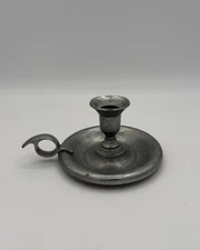 Vintage Pewter Metal Handled Traditional Colonial Candlestick Holder 5” Marked