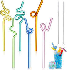 6 Pcs Wavy Glass Straws Reusable Curved Straw Shatter Resistant with 2 Cleaning