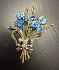 Vintage 1950s Blue Enamel Iris Flower Brooch Bouquet Gold Tone Mid Century