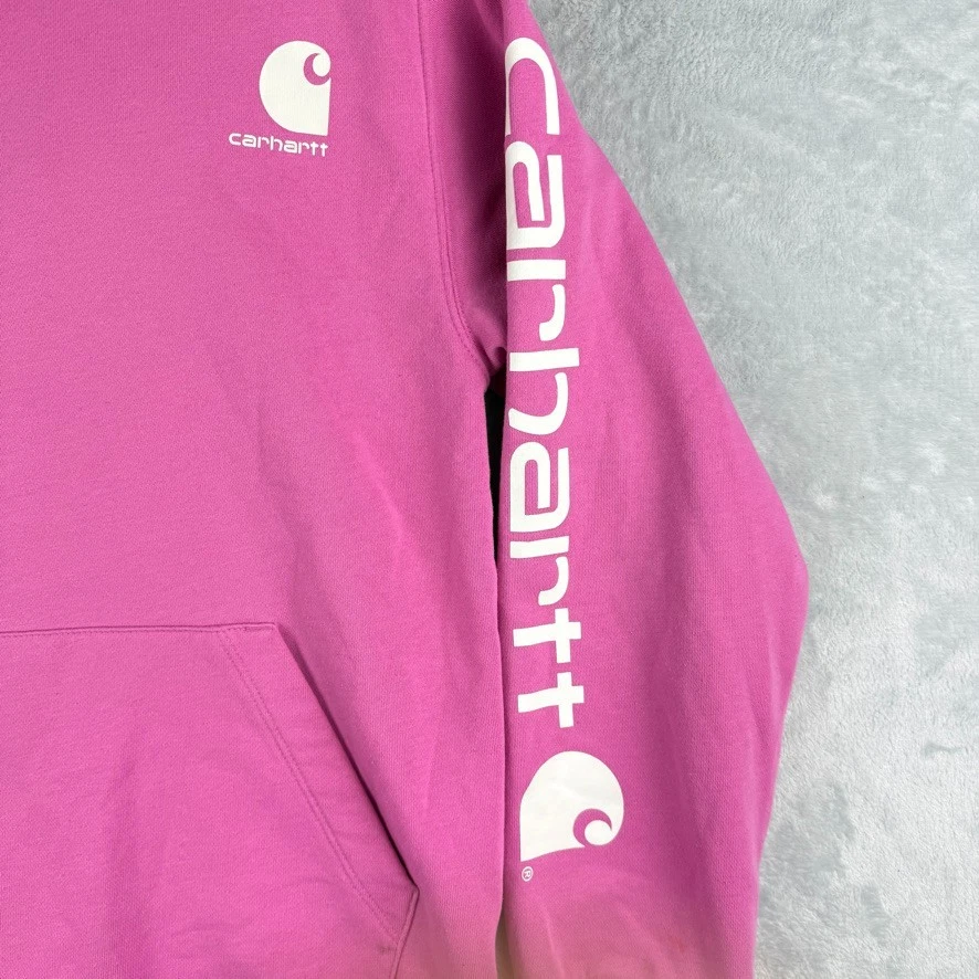 Carhartt Hoodie Girls Large Pink Hooded Sweatshirt Workwear Pullover Spellout - Image 3 of 4
