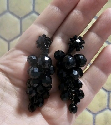 Vintage Miriam Haskell Earrings Glass Cha Cha Cluster Black Glass  Signed 