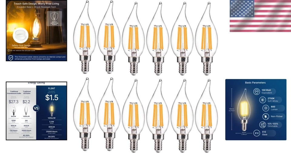 E12 Chandelier LED Bulbs, 100W Equivalent, Dimmable, 12-Pack - Image 2 of 4