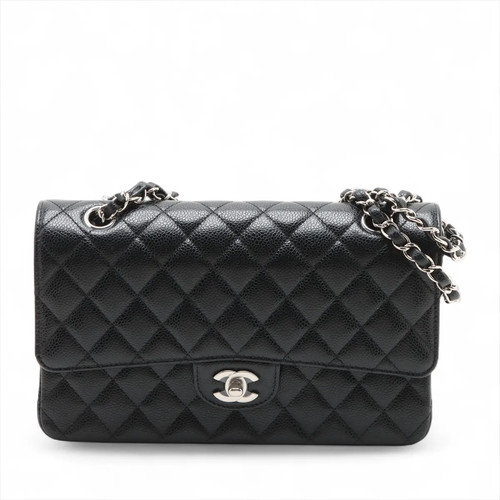 Chanel Matelasse 25 Caviar Skin Double Flap Double Chain Bag Black Silver Metal
