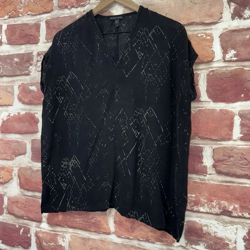 Женская футболка Eileen Fisher Top Small Petite черная шелковая смесь Artsy абстрактная - Изображение 3 из 4