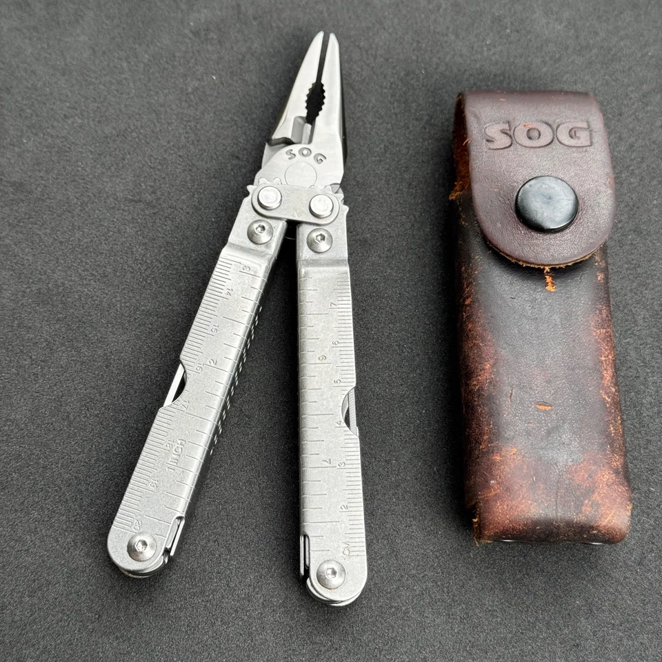 SOG Power Plier Silver Multitool Stainless Steel w/ Original Leather Case  - Image 3 of 4